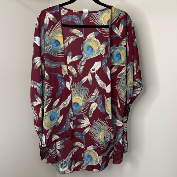 I Joah Tops - Boho Peacock Feather Print Kimono Cardigan | Maroon Drape Open Front (Loose Fit)